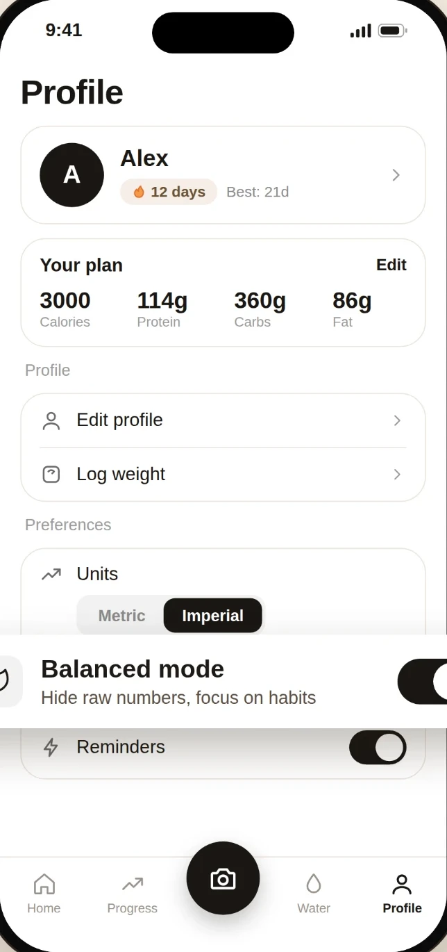 ForkSnap profile screen with the Balanced mode toggle